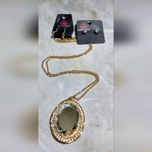 2 Piece paparazzi Gold Oval Crystal Pendant Necklace with Sparkling Halo